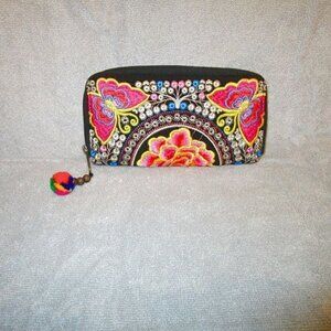 Embroidered Butterfly Zip Around Wallet Clutch Organizer Beaded Hippie Boho NEW